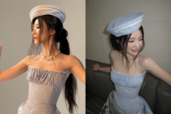 肩出しチューブドレスにセーラーキャップで清涼感全開…夏に真似したい爽やかコーデ