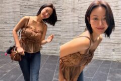 ブラウンのスリーブレストップ×デニムでシンプルなのに洗練されたデイリールック