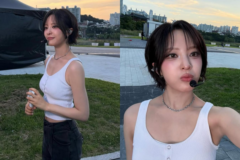 白クロップタンクトップ×黒パンツだけでフォトブック級…短いボブヘアまで完璧な一枚