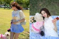 「天使のようなワンコ」愛犬とお揃い風コーデで公園ピクニック…爽やかルックに注目