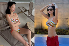 カラフルビキニ×レッドワイドパンツで夏のエネルギー全開、自由なポーズから伝わる幸せな近況