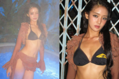 定番ブラック三角ビキニを大胆アレンジ…ラッフルラッシュガードで完成した夜のプールルック