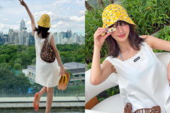 白ワンピースに黄色の花柄ハット🌸インフィニティプールで見せた爽やかな夏スタイル