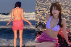 ピンクの花柄ビキニにレーススカート、女優ハン・ボルムが完成させた夏のビーチスタイル